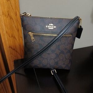 Coach Signature Brown and Black Crossbody Bag with Gold-Tone Hardware